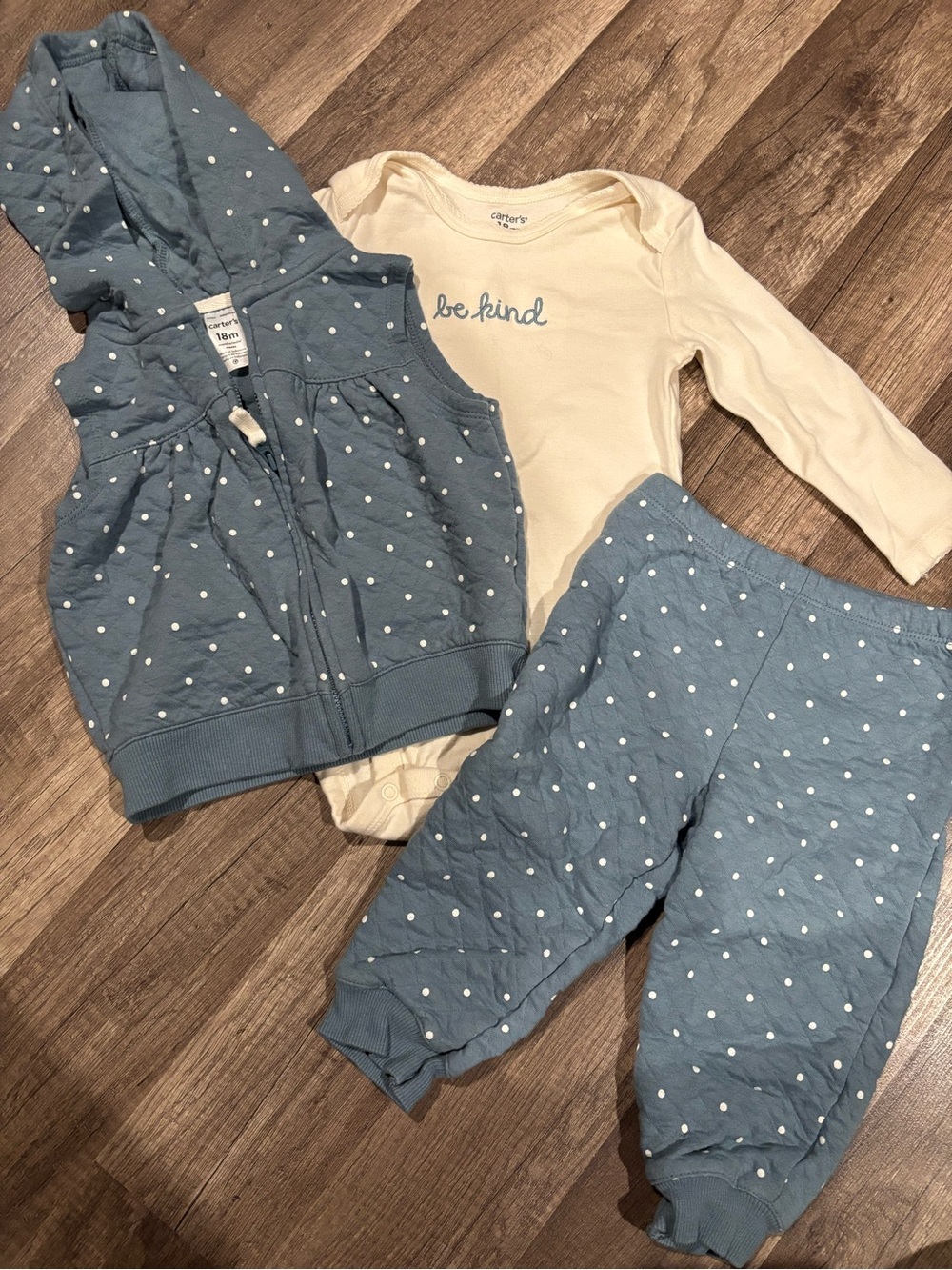 Carter's Blue Polka Dot Quilted 3-Piece Pajama Set with Cream 'Be Kind' Bodysuit